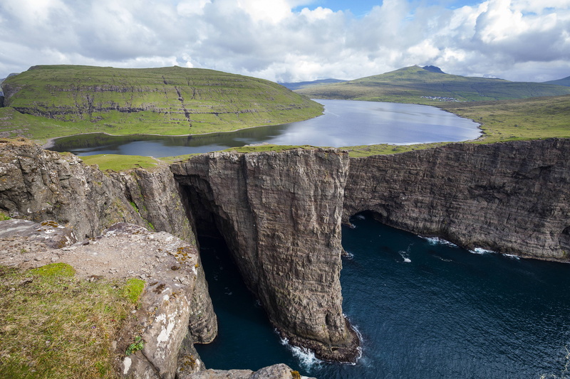 mountain, sky, 5K, rock, beauty in nature, outdoors, non-urban scene, remote, lake sorvagsvatn faroe islands nature landscape, no people, flowing water