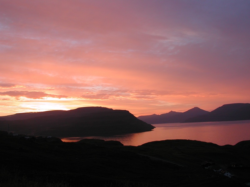 beauty in nature, sunset, idyllic, sky, mountain, summer, orange color, tranquility, faroe islands, silhouette, land, romantic sky, 1080P, water, mountain range