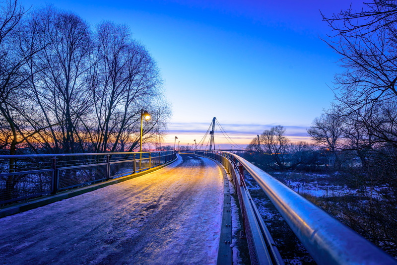 blue, things-lasting, winter, sunset, road, bridge, architecture, structure, snow, bare tree, diminishing perspective, connection, outdoors, saxony-anhalt