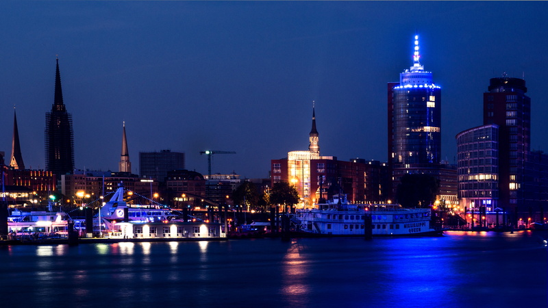 sky, rise, urban Skyline, illuminated, blue port, buildings, travel destinations, built structure, germany, financial district, dusk, downtown District