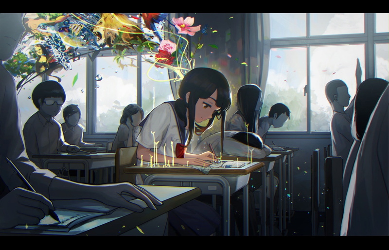 desk, dream world, anime girl, anime classroom, 1080P, school uniform, Anime