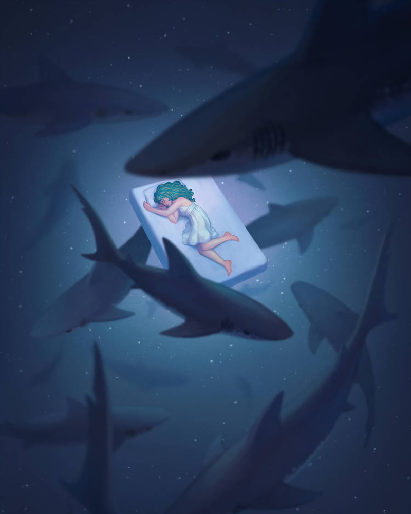 girl, 2K, art, sharks, underwater world, dream