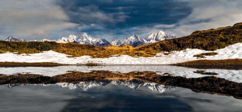 scenics - nature, cold temperature, mountain panorama, beauty in nature, bergsee, mountain range, ice, high tauern, distant view, sky, mood, snowcapped mountain