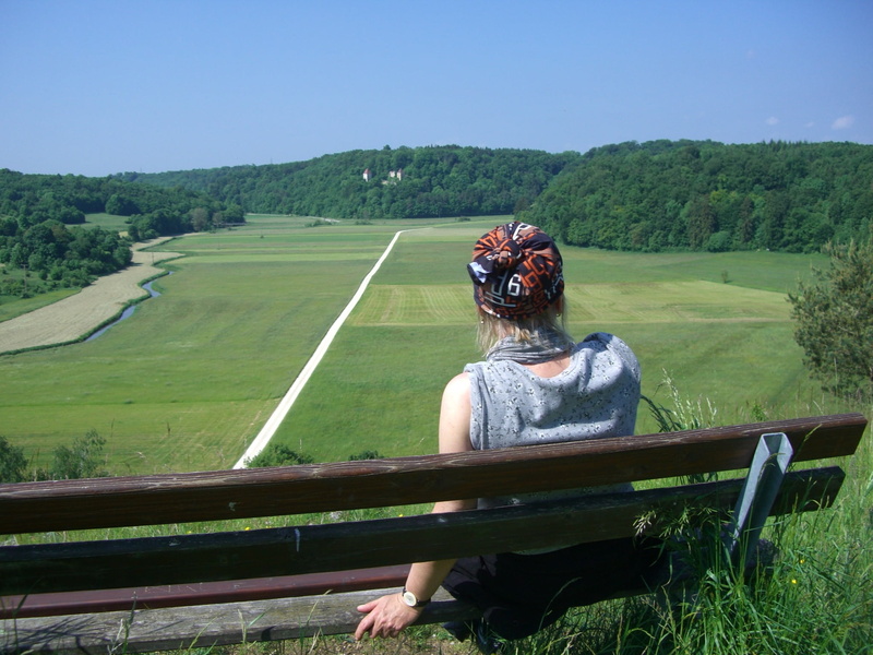 one person, huerbetal, women, rear view, grass, swabian alb, woman, real people, watch, view, distant, lifestyles, click, looking at view, leisure activity
