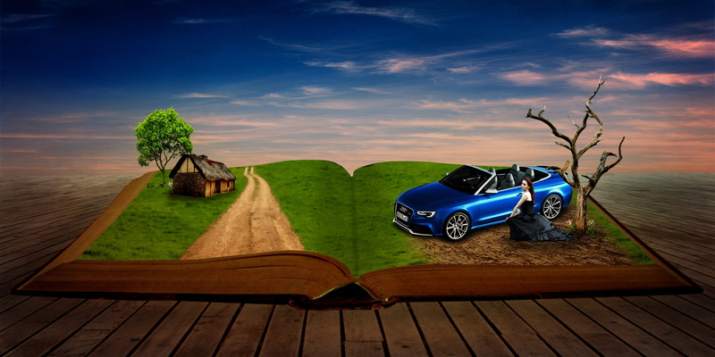 travel, sky, fantasy, landscape, plant, scenics - nature, novel, girl, car, transportation, environment, open, land, activity, storybook, blue, green color