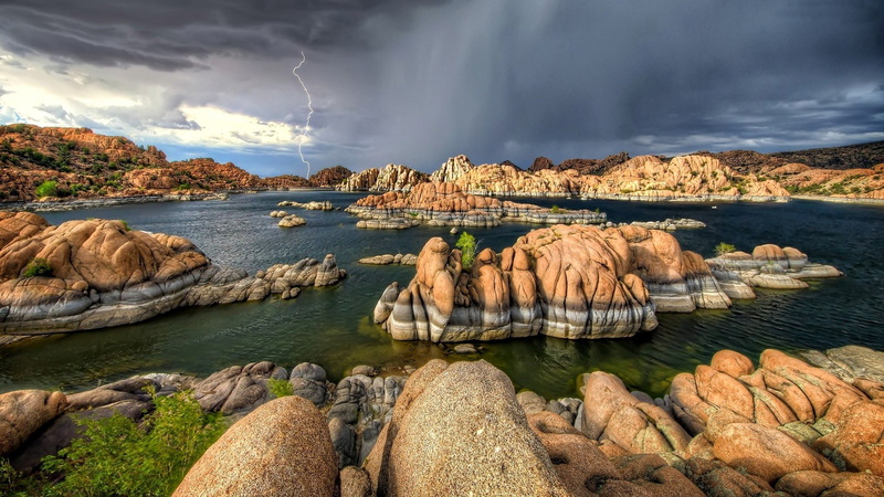 rock, land, solid, sea, lake, water, 4K, cloud - sky, dark, cloud, environment, arizona, mountain, rock - object, hd, tranquility, watson, scenics - nature