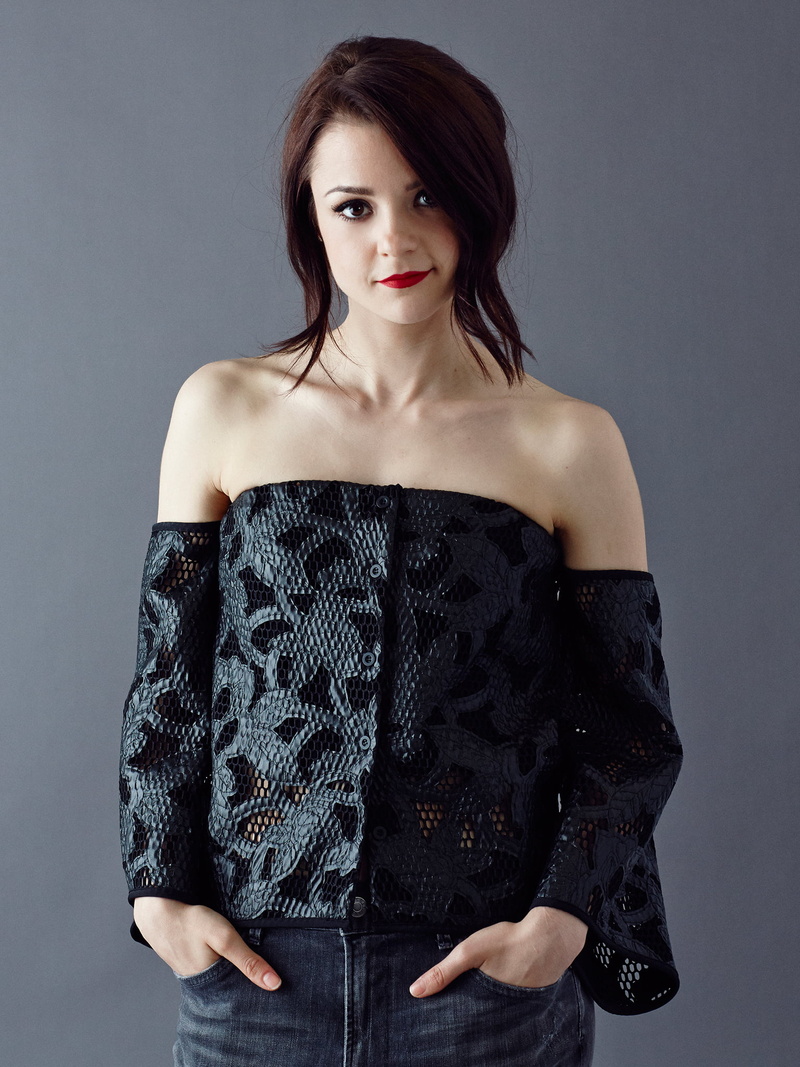 bare shoulders, 1080P, brunette, women, Kathryn Prescott, red lipstick, hands in pockets, lipstick, portrait, actress, simple background