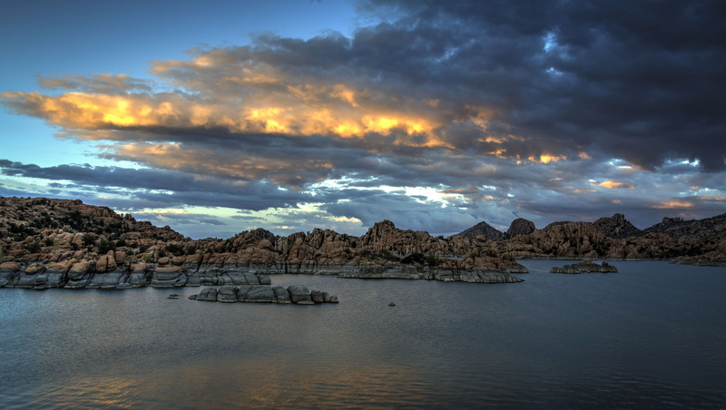 Yellow  Gold, mountains, Landscape, Clouds, Prescott, rock - Object, Sunset, Outdoors, Blue, mountain, Arizona, Desert, photo, Lake, Rocks, sea, 5K, nature