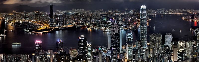 river, urban skyline, landscape, office building exterior, 2K, skyscraper, Hong Kong, illuminated, transportation, night, financial district, nature, night sky