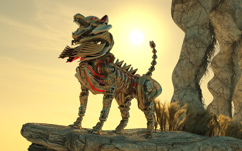 robot, decoration, sky, ancient, statue, religion, outdoors, asia, vector, feline, dragon, mythology, famous Place, sculpture, art, symbol, metal, animal