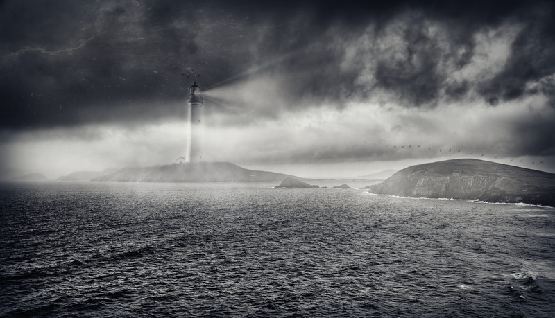 dingle iceland, water, sky, environment, beauty in nature, power in nature, forward, storm, cloud - sky, photo montage, landscape, lighthouse, fog, outdoors
