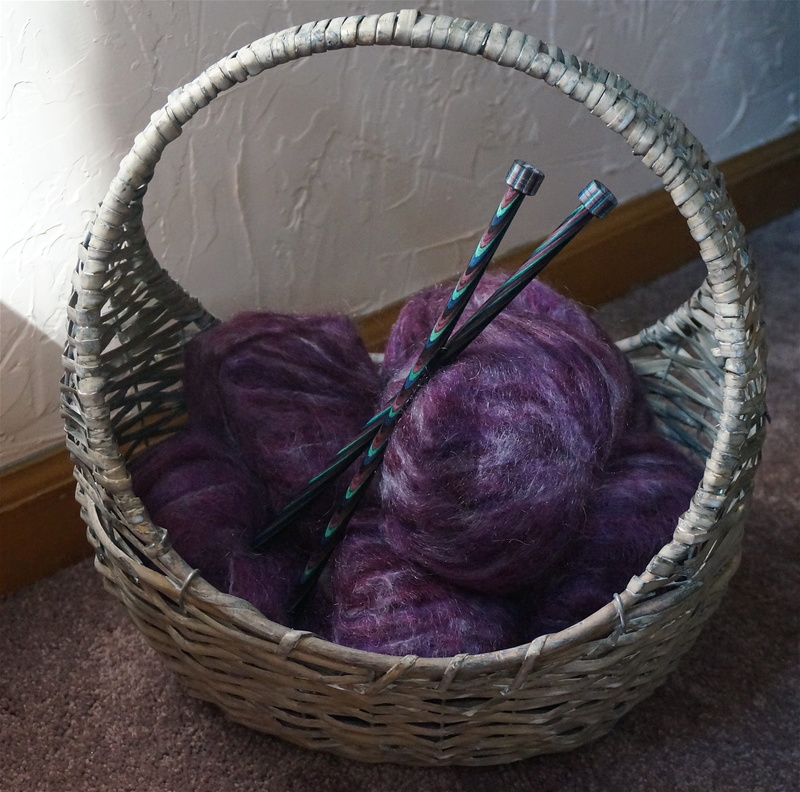 container, knitting, purple, high angle view, mohair yarn in a basket, colorful, thread, still life, knitting needles, skill, 2K, close-up, craft, knitting needle