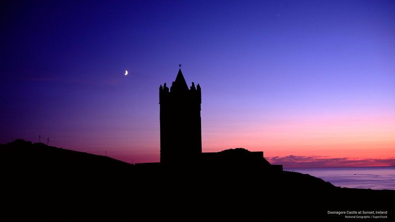 castle, sunset, ireland, 2K, doonagore, Europe