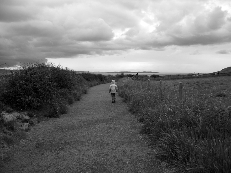 field, landscape, northern ireland, land, tranquility, full length, real people, leisure activity, outdoors, nature, sky, cloud - sky, rear view, sea, county antrim