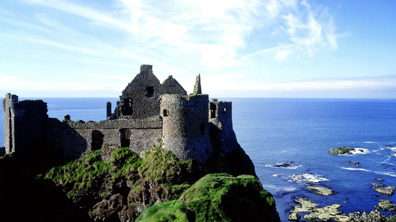 1080P, stone, gray, irel, dunluce, mountain, castle, cliff, ruins, nature and landscapes