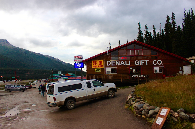alaska, trees, street, wood, day, western script, sky, united states, cloud - sky, denali, car, mountain range, communication, mountain, road, gift shop