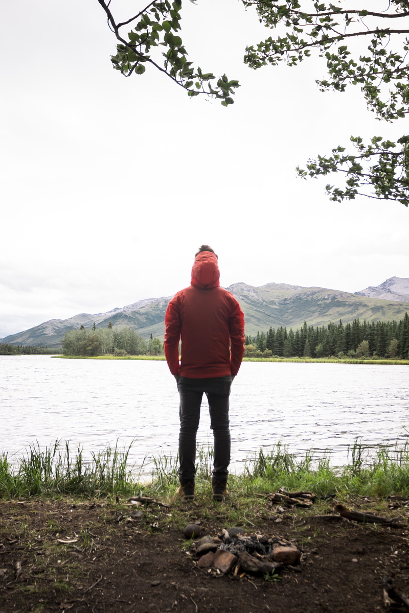 lake, standing, full length, healy, plant, water, tree, real people, orange, united states, rear view, lifestyles, nature, beauty in nature, rainy, jacket