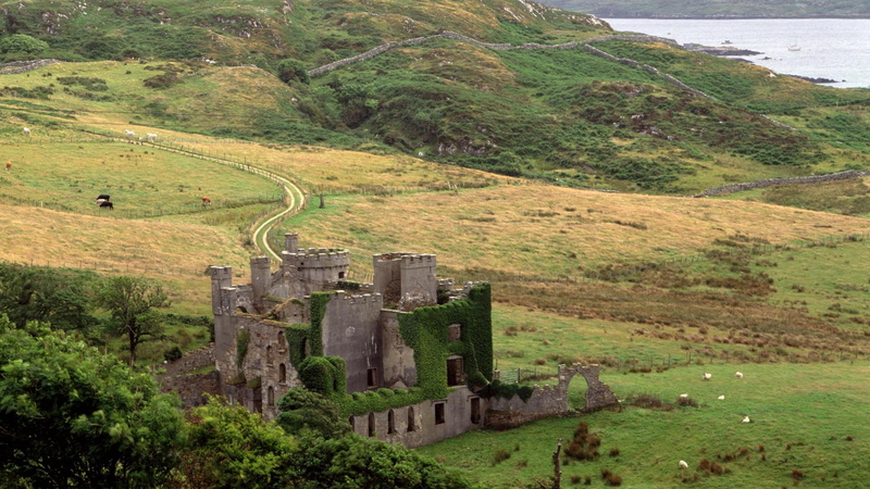 castle, clifden, galway, irel, trees, meadow, hills, 1080P, nature and landscapes, county