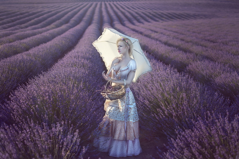 umbrella, Vanessa Galway, field, mood, basket, 1080P, dress, girl, lavender
