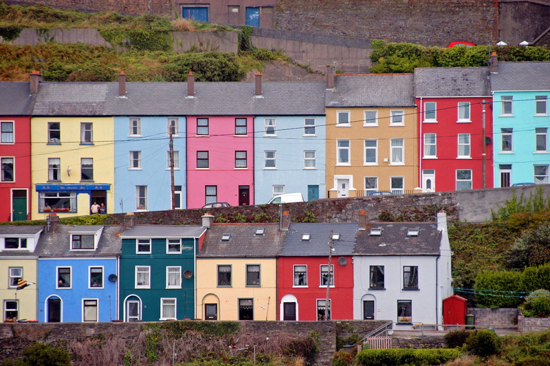 architecture, building exterior, ireland, window, multi colored, cobh cove, housing development, houses, day, city, water, residential district, plant