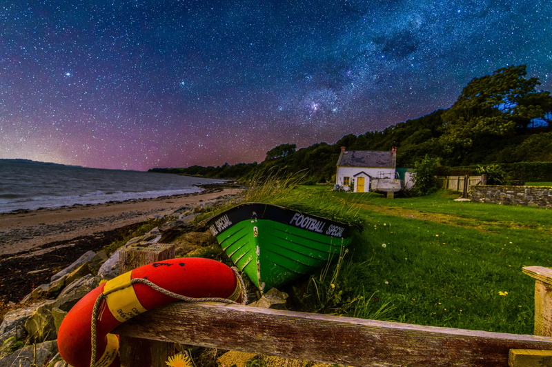 2K, landscape, night, sea, stars, boats, Ireland, Donegal, shore, house, County Donegal