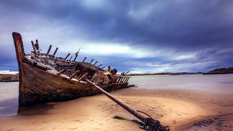 calm, nautical vessel, transportation, cloud - sky, nature, donegal, coast, ireland, bunbeg, mode of transportation, land, damaged, decline, 1080P, ruined