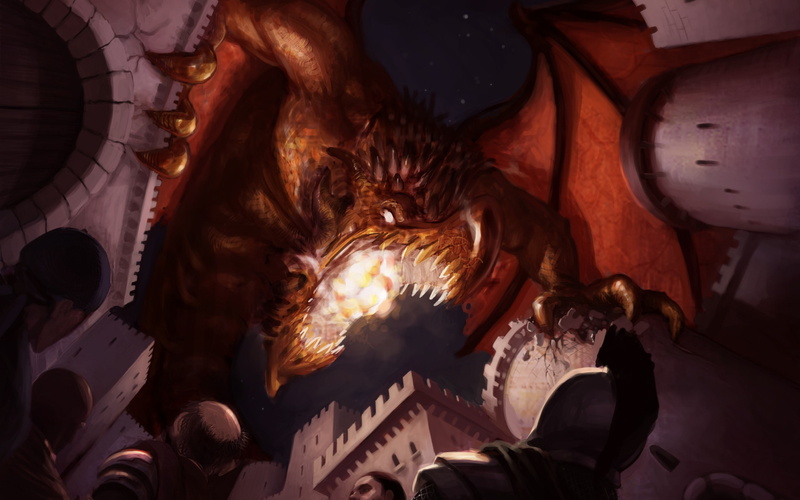Attack, art, castle, People, dragon, Fall, 2K, rage, war
