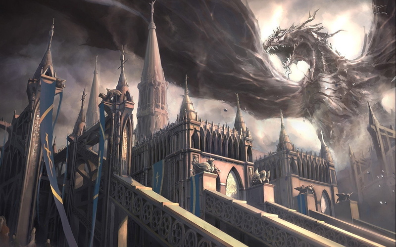 art, castle, dragon, monster, yang, mark, 1080P, wings, Fall