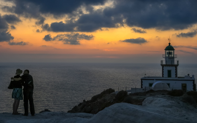 Lighthouse, Sunset, orange color, Greece, two people, tourist, cliff, beauty in nature, seaside, building, sea, water, ionian, ocean, mediterranean, guidance