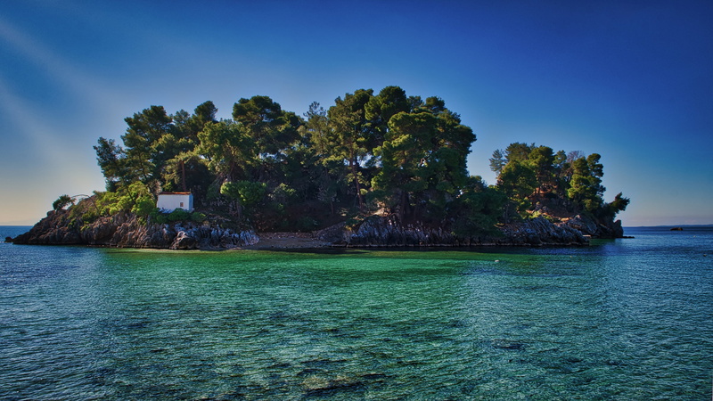 sea, panagia island, europe, blue sky, island, 4K, sky, tropics, ionian sea, islet, tree, ocean, archipelago, greece, water