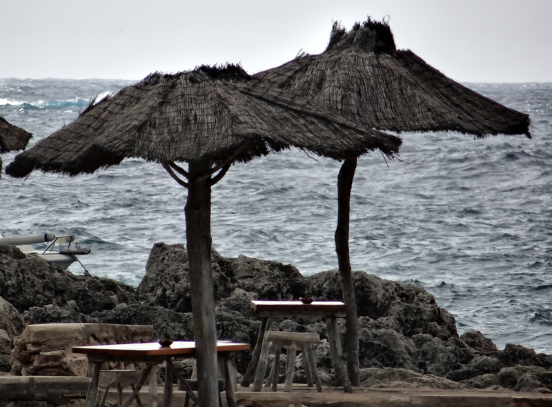 parasol, booked, bar, horizon over water, binibeca, roof, tranquil scene, tranquility, beauty in nature, thatched roof, coastline, sky, umbrella, balearic islands