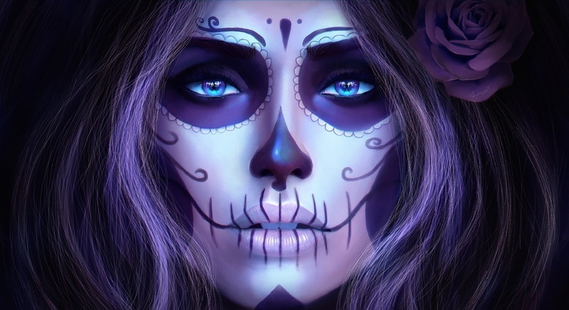 women, Sugar Skull, artwork, face, 1080P