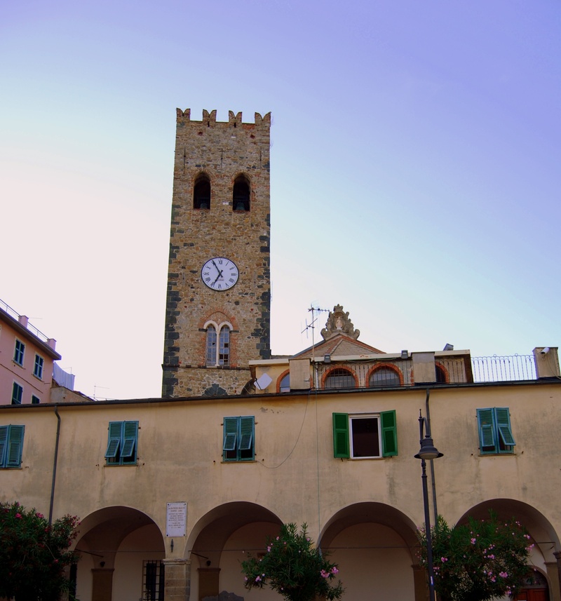 tower, no people, low angle view, campanile, clock, italy, nature, building, belief, clear sky, city, building exterior, cinque terre, built structure