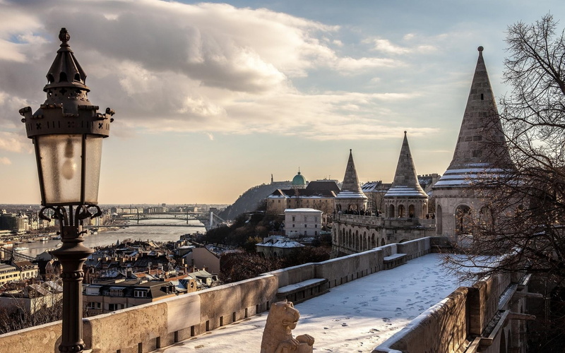 gray, buildings, fortress, 1080P, river, winter, bridges, concrete, overlooking, fort, city, nature and landscapes