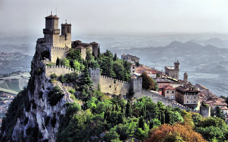 San Marino, sky, castle, landscape, 2K, mountains, clouds, nature, forest