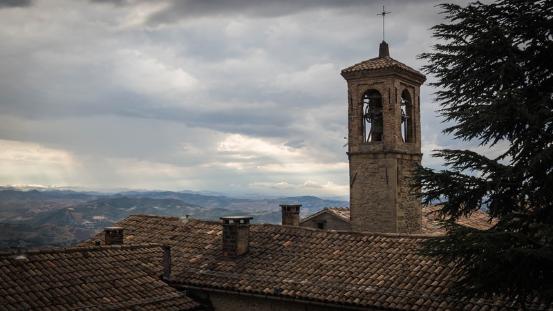 tree, tower, sky, church, day, old, spirituality, roof, nature, building exterior, clock tower, no people, cloud - sky, san marino, city, bell tower - tower