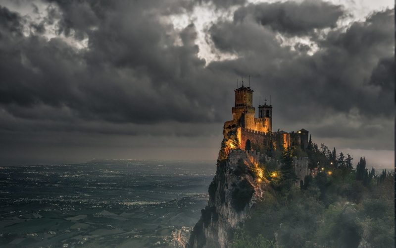 Castle, San Marino, Cloud, Architecture, Sky, Castles, 1080P, Dark