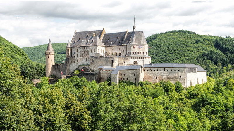 Vianden Castle, forest, Vianden, sky, antique, gray, Diekirch, the past, travel, building, green color, outdoors, tree, landscape, spire, 1080P, medieval