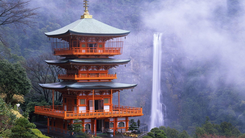 pagoda, waterfall, wondrous, mist, cliff, 1080P, china, nature and landscapes