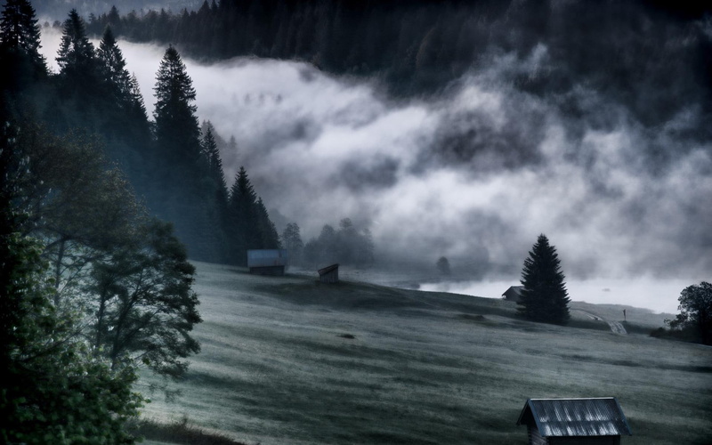 wondrous, cabins, photo, valley, sky, gray, foggy, nature and landscapes, 1080P, trees, meadow, tall
