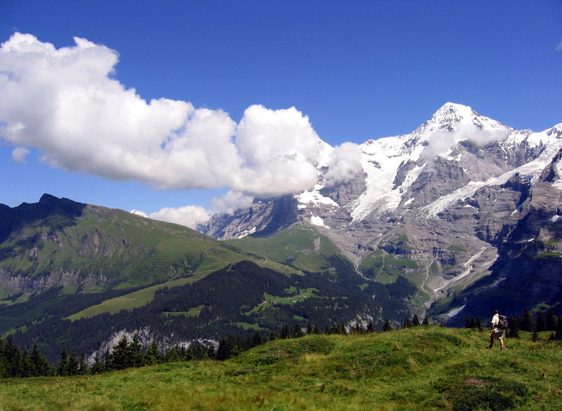 1080P, nature, Murren, Hiker, leisure activity, environment, Switzerland, beauty in nature, outdoors, tranquil scene, grass, sky, snow, non-urban scene