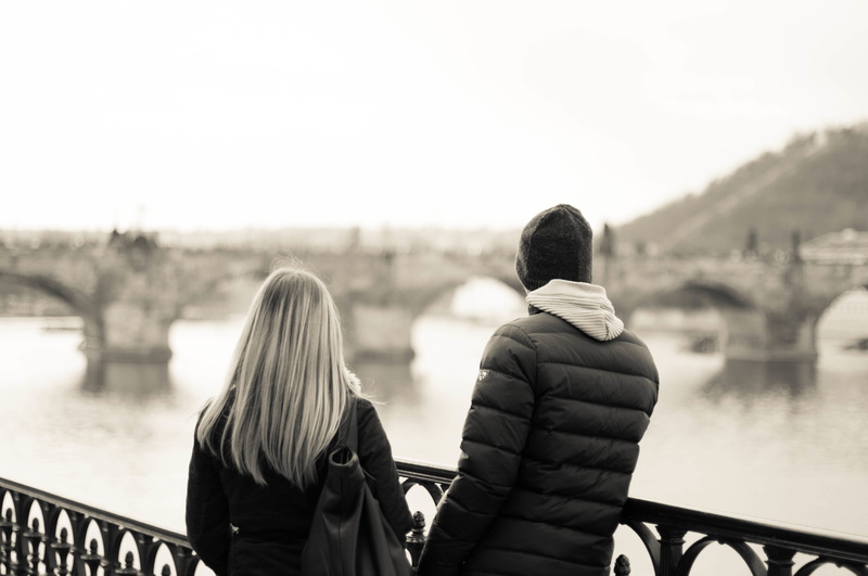 lifestyles, friendship, waist up, adult, bonding, women, outdoors, river, leisure activity, girl, water, bridge, body, rear view, sea, man, warm clothing