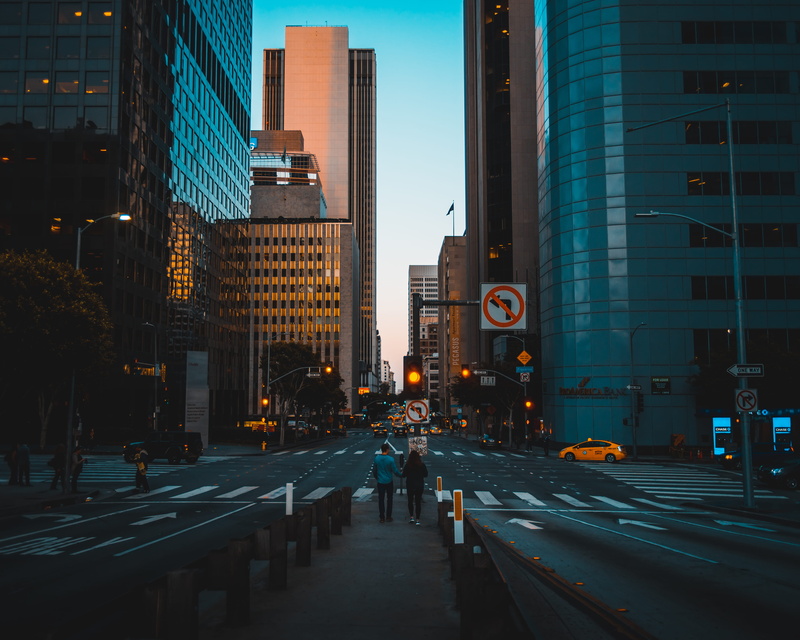 downtown, mode of transportation, back view, highway, financial district, city, evening, 4K, office, street photography, people, city street, architecture