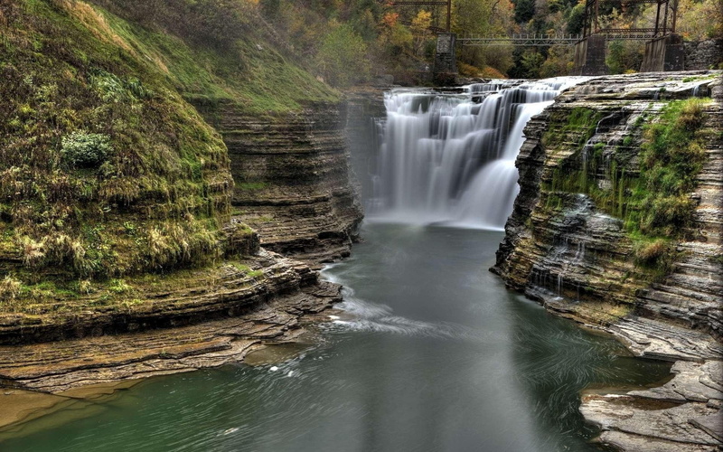 nature and landscapes, cut, waterfalls, cliffs, wonderful, gorge, waterfall, 1080P, bridges