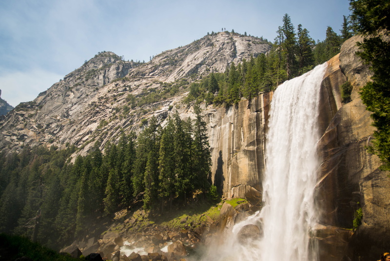 land, california, low angle view, flowing, woods, motion, non-urban scene, sky, rock, vernal falls, mountain range, beauty in nature, no people, water