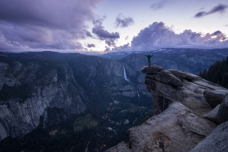 rocks, Watering, landscape, Yosemite Falls, 1080P, Purple, men, Trees, water, Alone, clouds