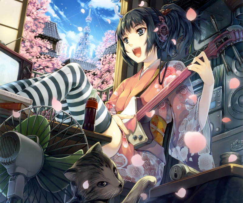 blue eyes, guitar, open mouth, Asian architecture, anime girls, 480P, short hair, Japanese clothes, city, cherry blossom, anime, kimono, headphones, brunette