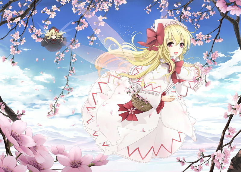 blondes, flower, multiple, spring, touhou, hair, 1080P, red, petals, mouth, hats, dress, flying, anime, skies, games, persona, fairies, black, lily, wings