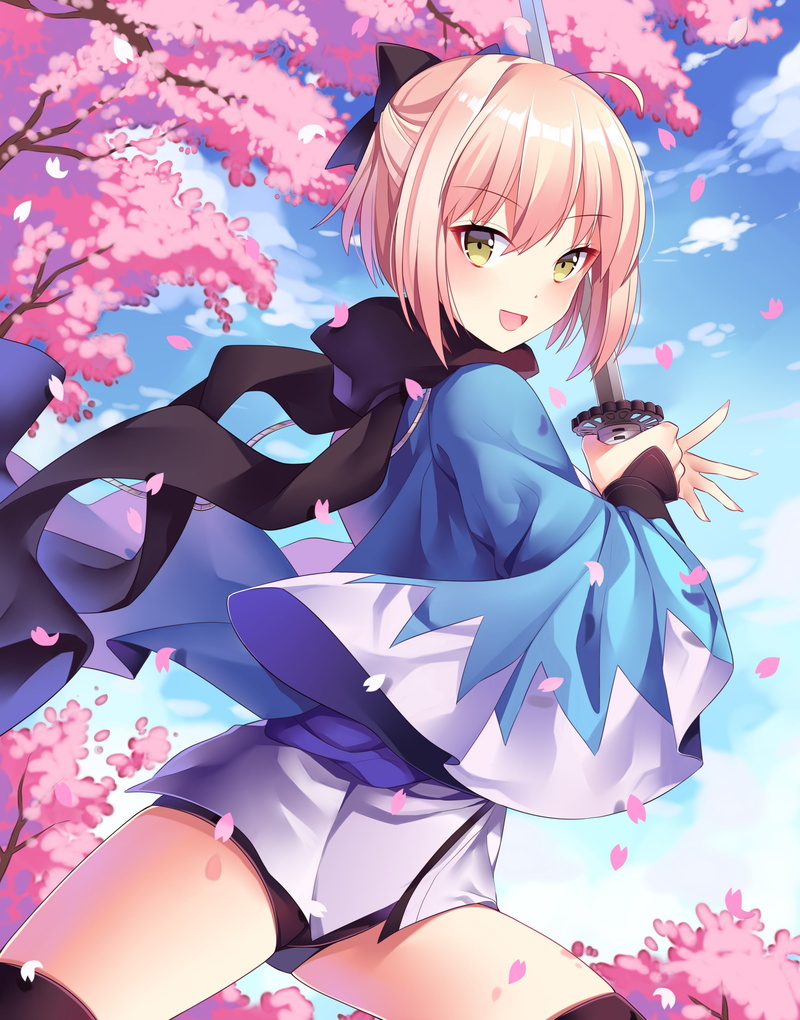 2K, cherry blossom, anime girls, pink hair, anime, sword, FateGrand Order, yukata, thigh-highs, Sakura Saber