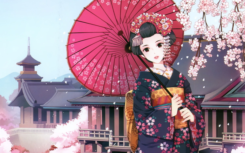 narda, clothes, kimono, japanese, hair, umbrella, blossoms, art, 2K, petals, umbrellas, cherry blossoms, Flowers, flower, black, girls, cherry, hd, anime
